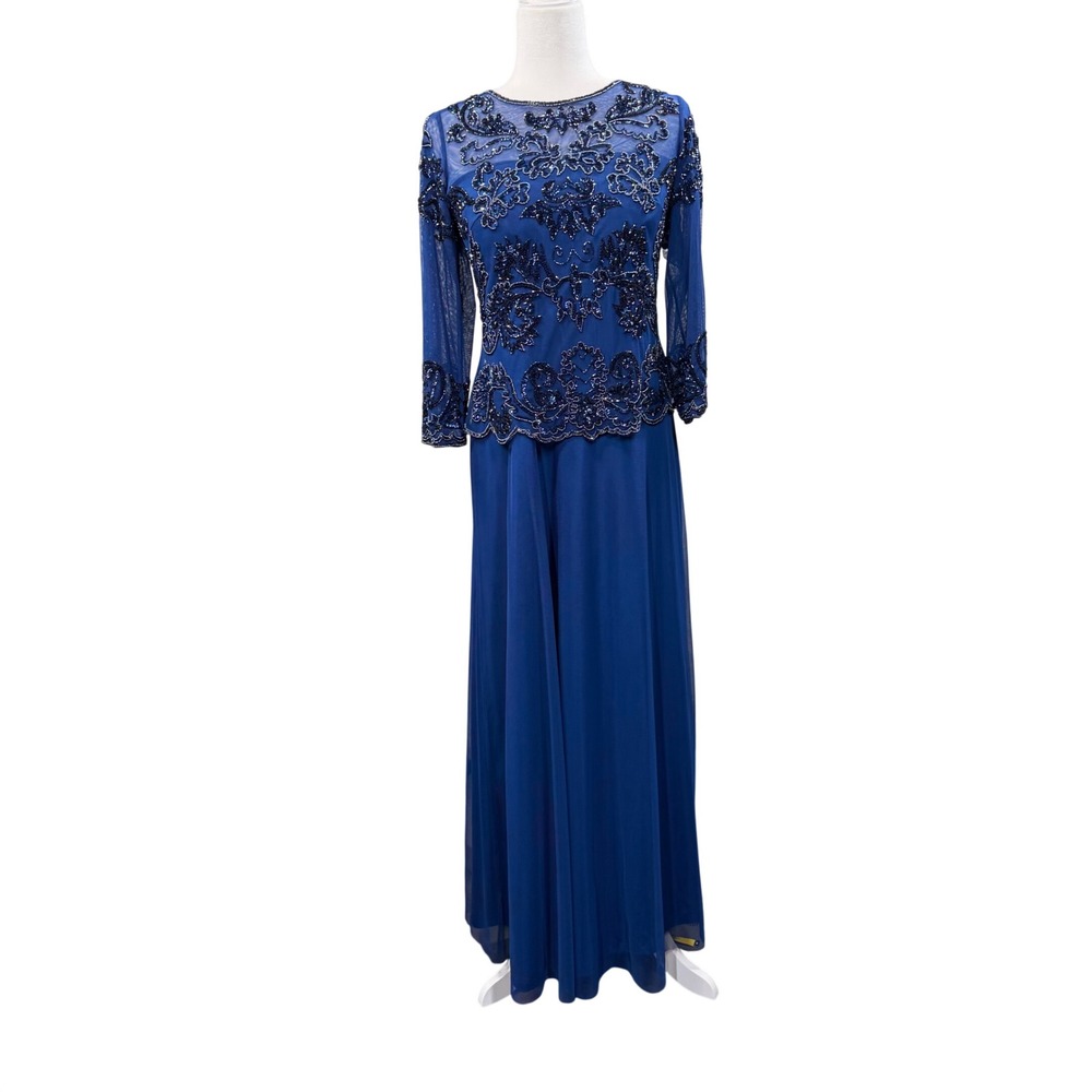 Oleg Cassini Gown Womens 12 Blue Beaded Mesh Overlay Formal Mother of Bride